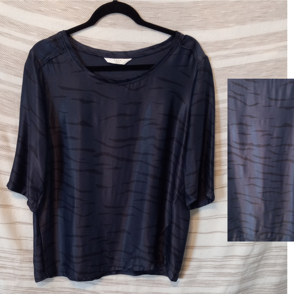 YAYA | Midnight Blue Subtle Tiger-Print Slinky Boxy Satin Blouse Top